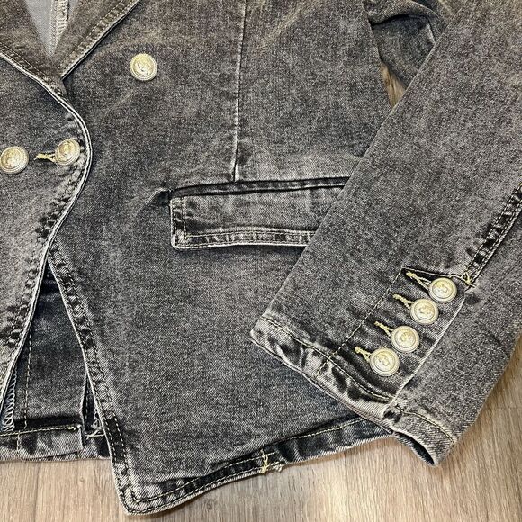 Boutique Collared Denim Jacket Military Puffed Sleeves With Buttons In Charcoal - Picture 8 of 8